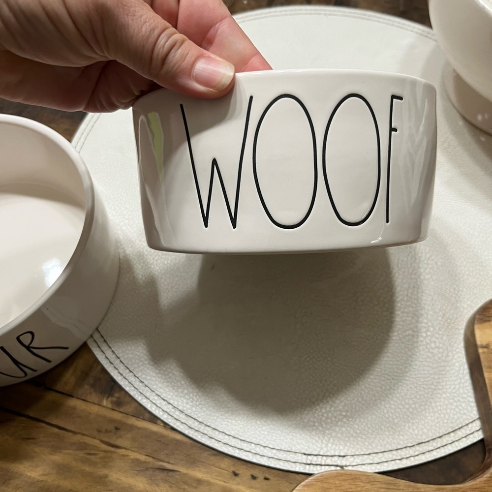 Set of 2 Rae Dunn White 'Woof' and “Devour” Dog Bowls